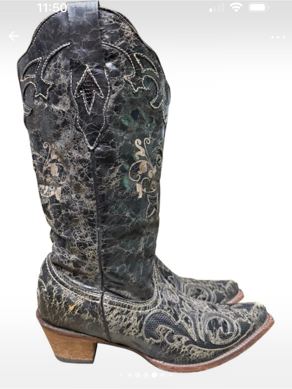 Corral Western Cowboy Boots Black Vintage Lizard Overlay X Toe 9.5